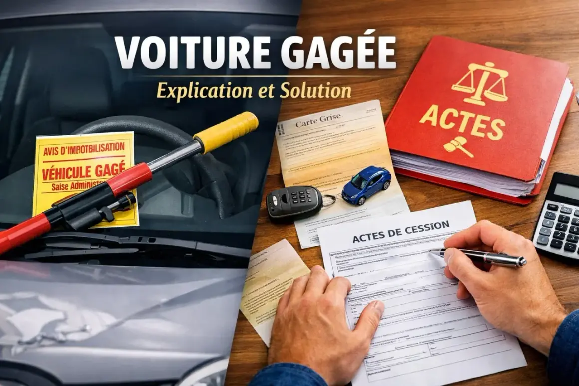 Comment savoir si une voiture est gagée : un volant avec un avis de véhicule gagé, une carte grise, des actes de cession et un livre rouge "Actes".
