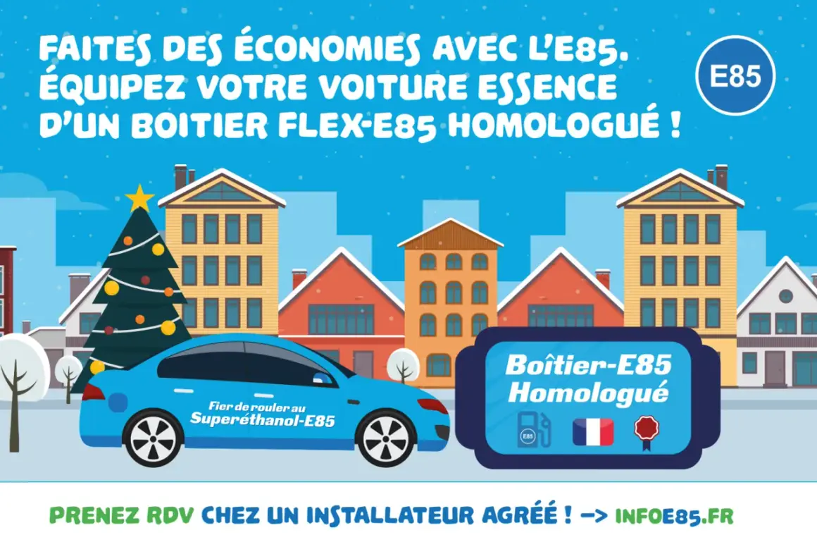 Voiture bleue avec un boîtier E85 homologué, pour faire des économies. Prise de rendez-vous chez un installateur agréé.