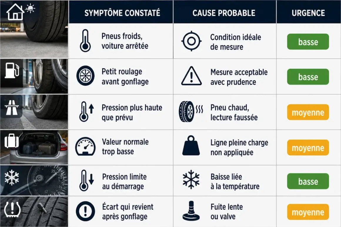 Tableau comparant les symptômes de pression des pneus, leurs causes probables et l'urgence, incluant la "pression des pneus à chaud" faussant la lecture.