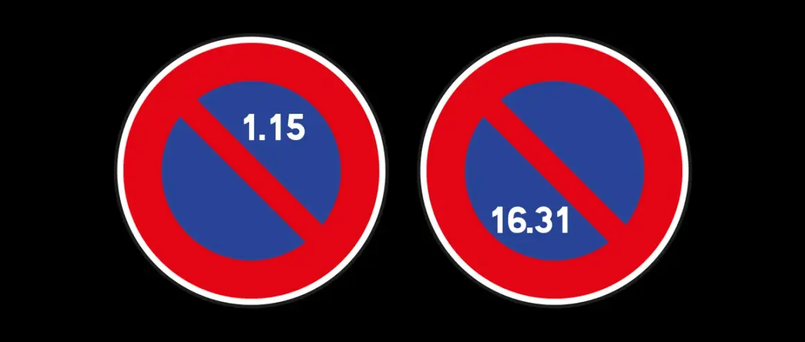 Panneaux de stationnement alterné : interdiction de stationner du 1er au 15 du mois d'un côté, et du 16 à la fin du mois de l'autre.
