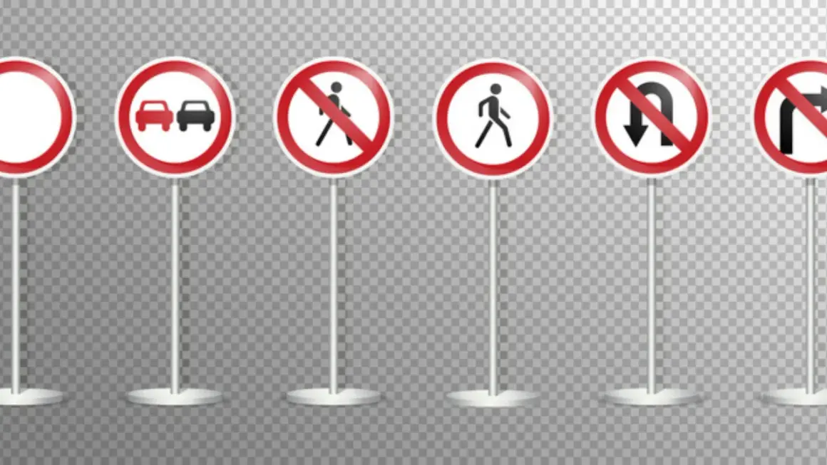 Panneaux de signalisation routière : interdiction de dépasser, piétons interdits, demi-tour interdit. Idéal pour apprendre à conduire une automatique.