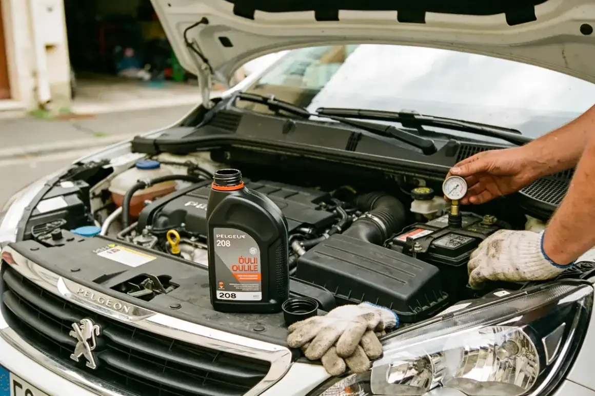 Vidange Peugeot 208 : une bouteille d'huile moteur et des gants sont posés sur le capot ouvert. Un manomètre est connecté à la batterie.