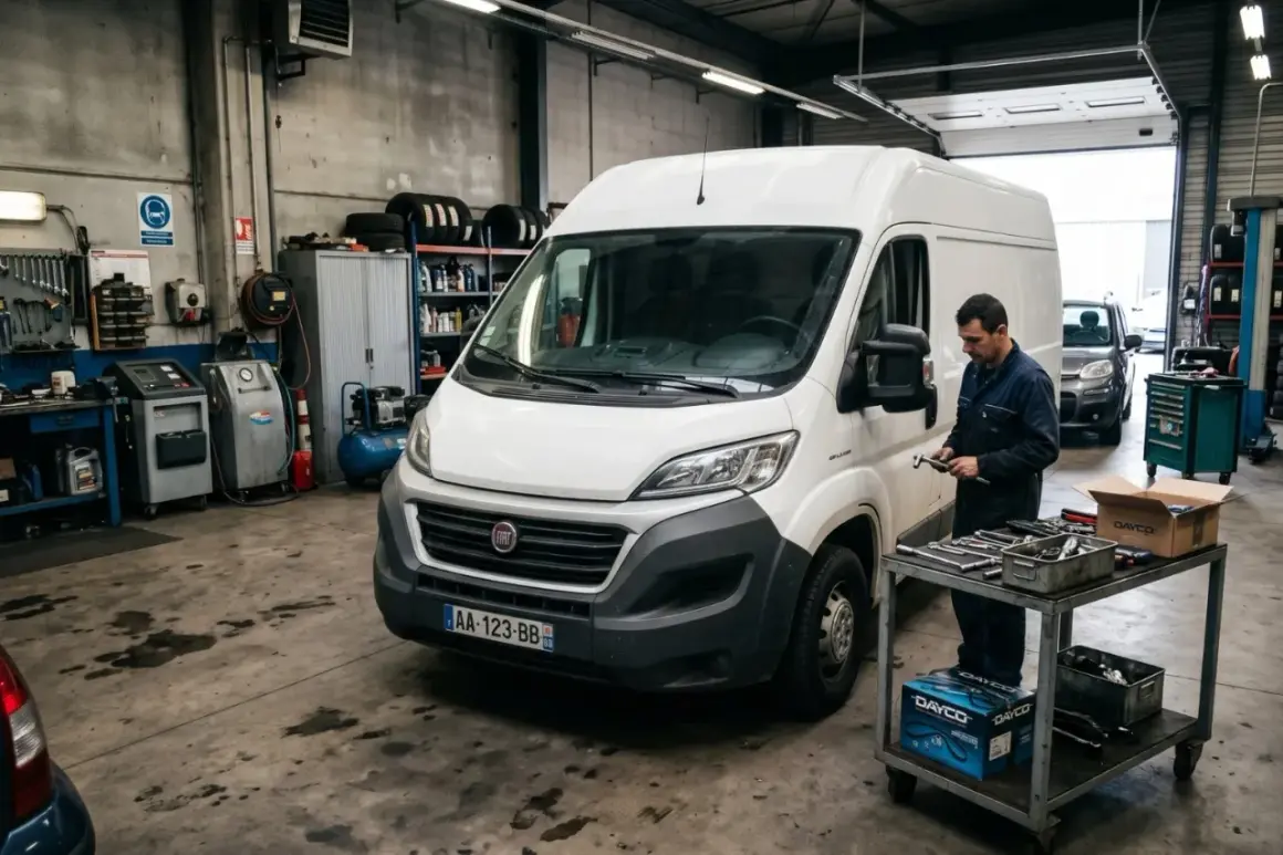 Mécanicien travaillant sur une courroie de distribution Fiat Ducato dans un garage. Outils et pièces à proximité.