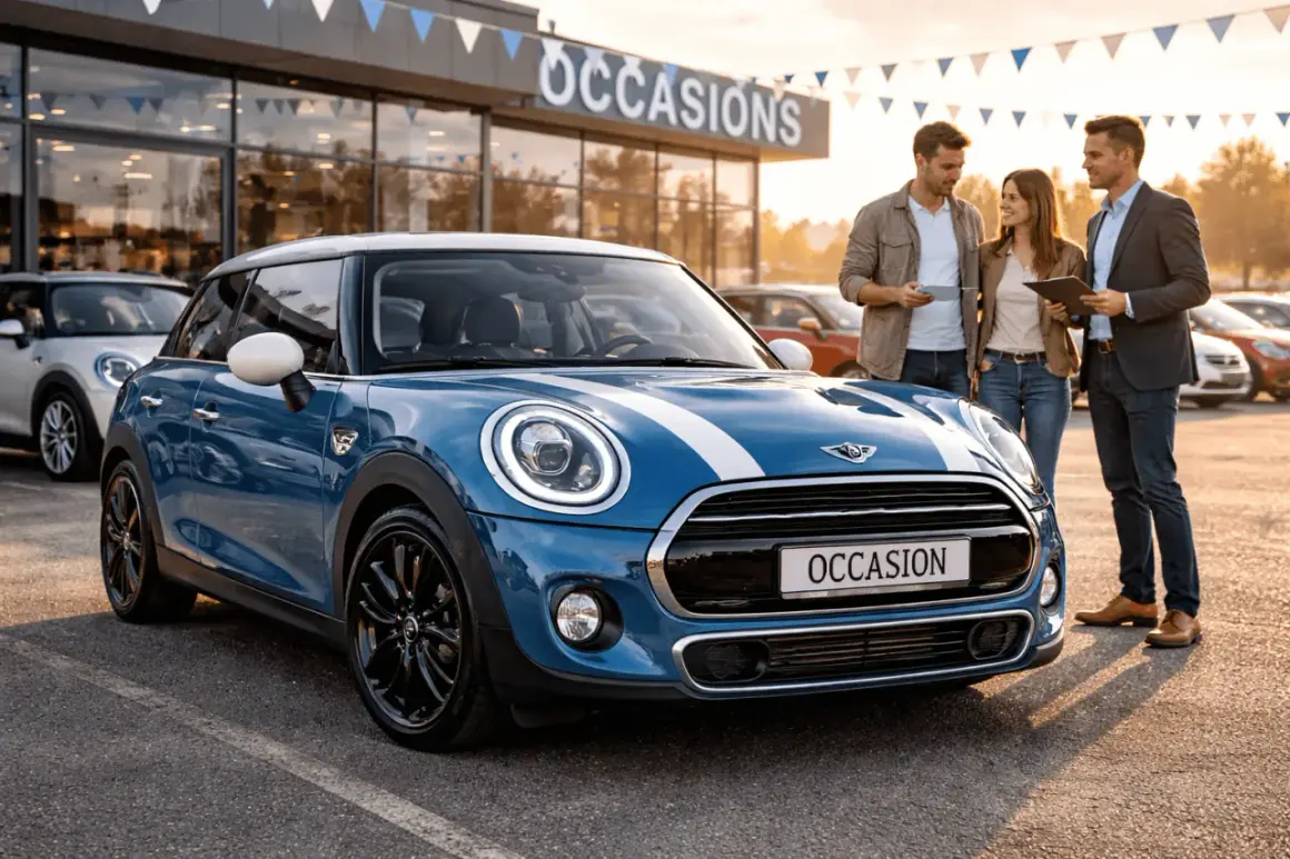 Couple discute avec un vendeur devant une Mini Cooper 1.5 136 cv, symbole de fiabilité.