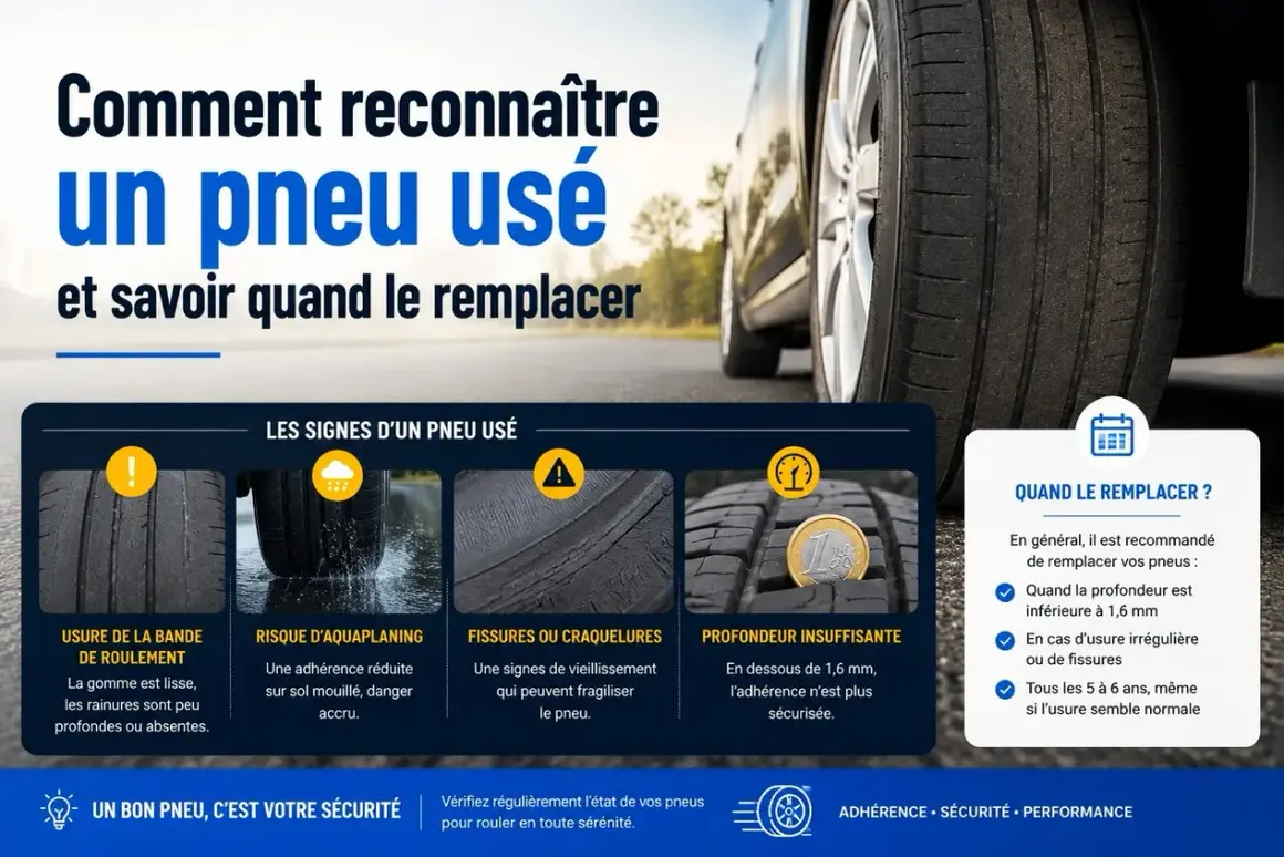 Les signes d'un pneu usé : bande de roulement lisse, risque d'aquaplaning, fissures, profondeur insuffisante. Un témoin d'usure pneu est essentiel pour la sécurité.