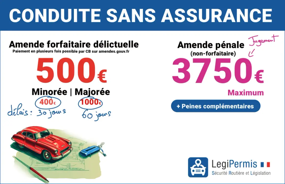 Amende forfaitaire de 500€ ou pénale jusqu'à 3750€ pour conduite sans assurance. Une vignette assurance obligatoire est cruciale.