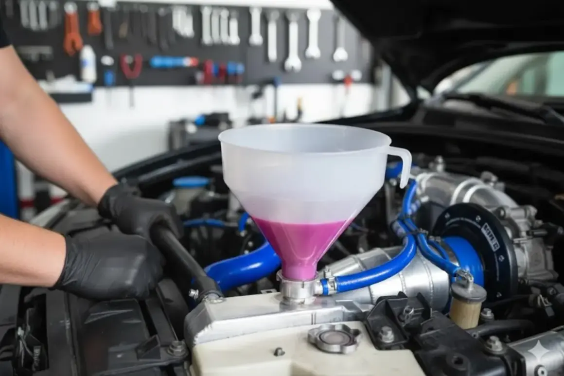 Maintenant, comment purger le liquide de refroidissement sans vis de purge. Un mécanicien verse du liquide rose dans un entonnoir connecté au radiateur.