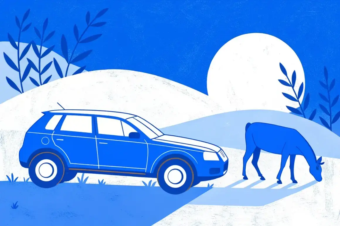 Une voiture qui broute en roulant, à essence, s'arrête près d'un cerf qui broute dans un paysage bleu et blanc.