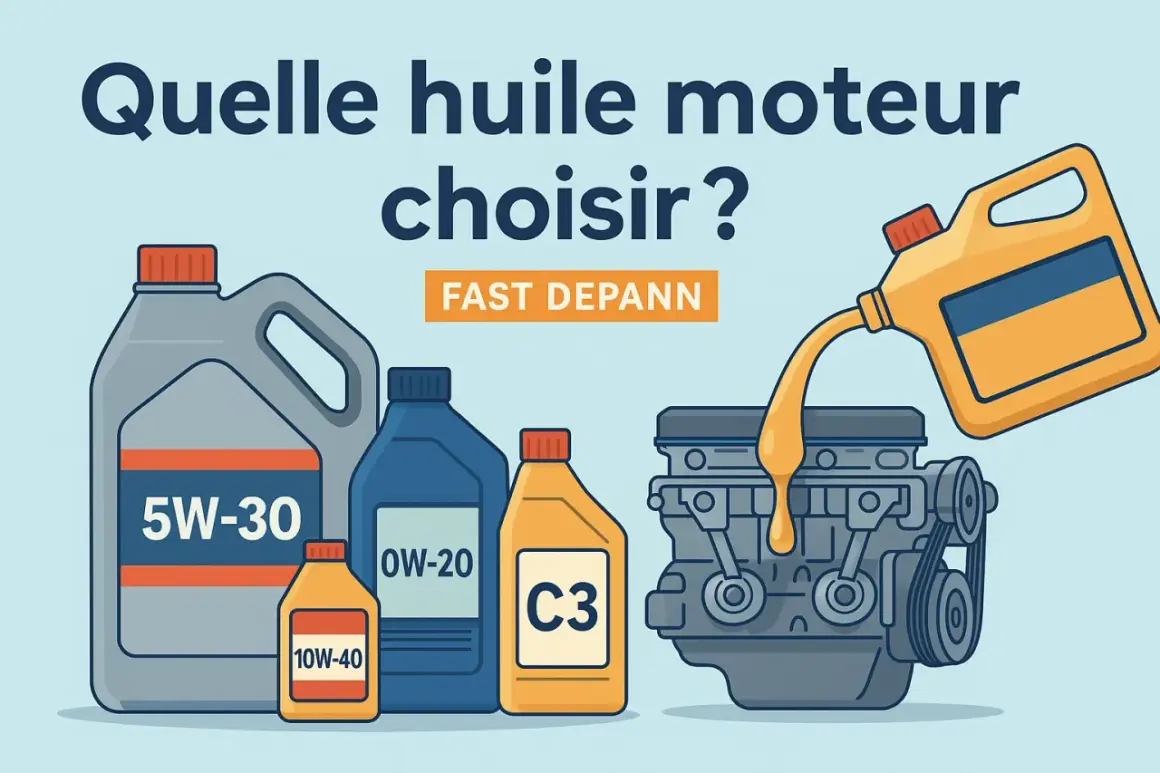 Plusieurs bidons d'huile moteur essence (5W-30, 0W-20, 10W-40, C3) sont présentés, dont un verse de l'huile dans un moteur.