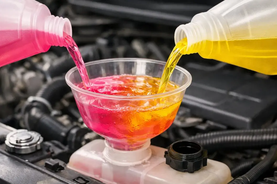 Mélange de liquide de refroidissement rose et jaune versé dans un entonnoir. Quel liquide de refroidissement rose pour quelle voiture ?