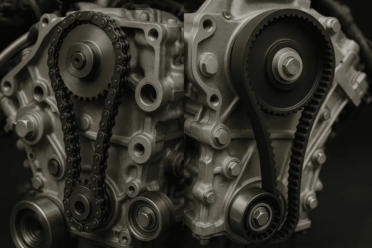Comparaison d'un moteur : d'un côté, une courroie à chaîne, de l'autre, une courroie crantée.