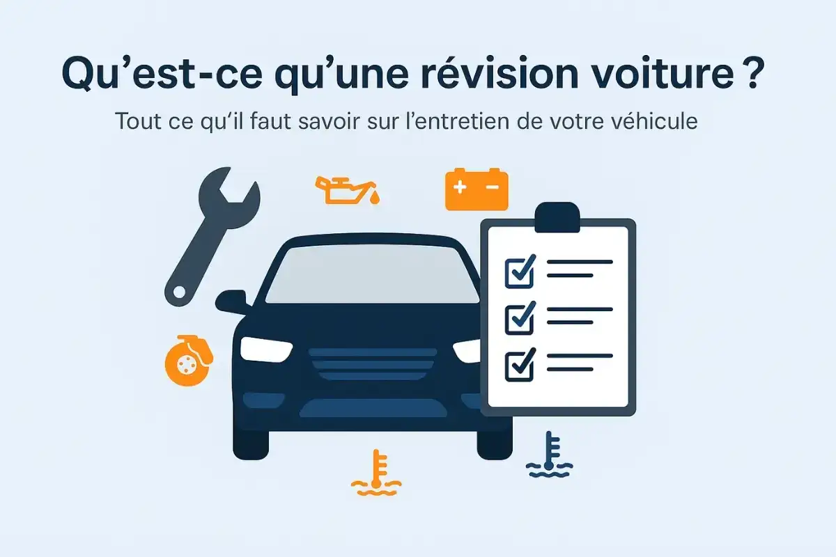 Illustration d'une voiture avec des icônes symbolisant l'entretien : clé, huile, batterie, thermomètres et liste de contrôle. Comprendre le cout entretien voiture est essentiel.