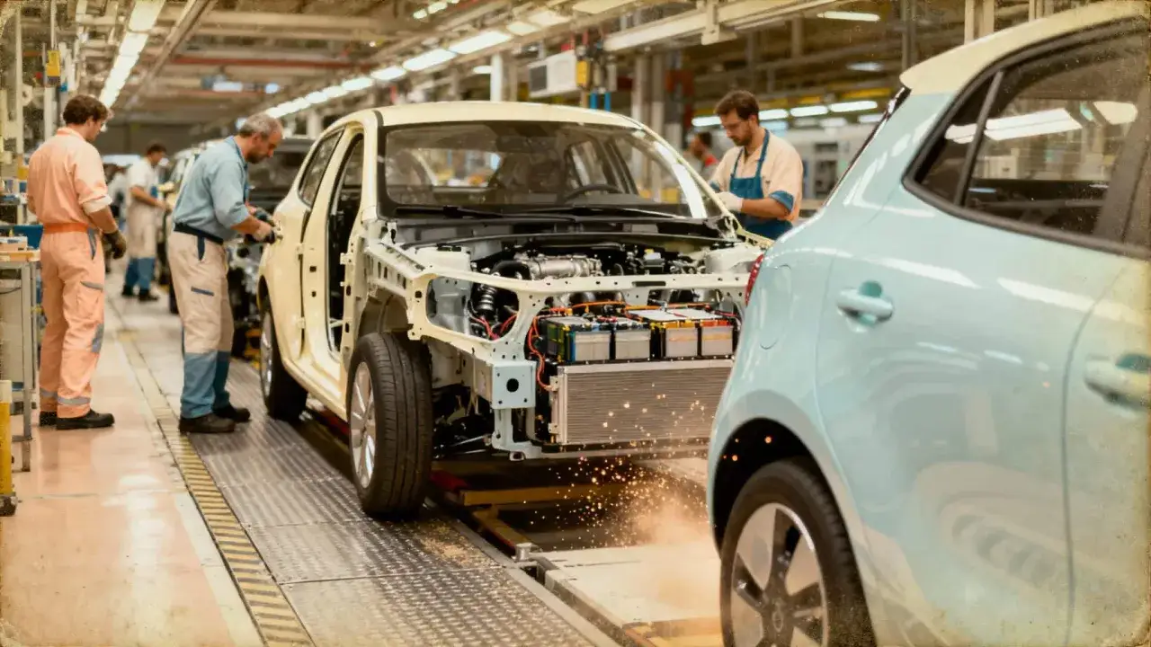 Usine automobile, ouvriers assemblent une voiture électrique, signe du fin des voitures thermiques. Étincelles jaillissent.
