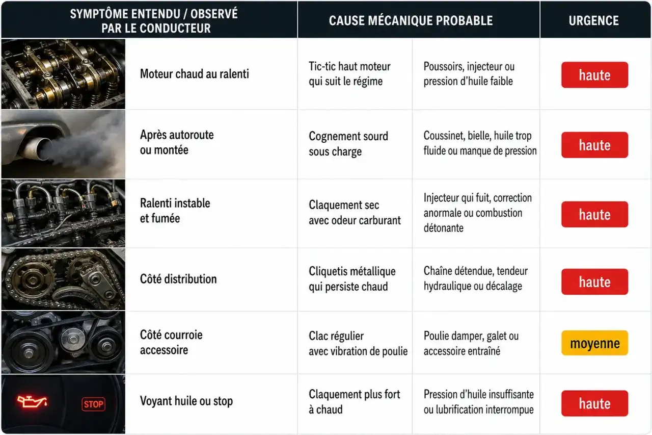 Tableau des symptômes moteur : bruit de cliquetis moteur diesel, cause probable et urgence. Images de pièces moteur.
