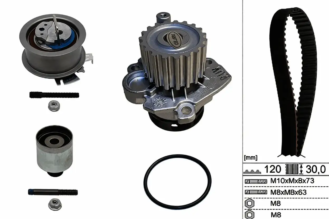 Kit pour changer courroie de distribution : pompe à eau, tendeur, galet, courroie et visserie.