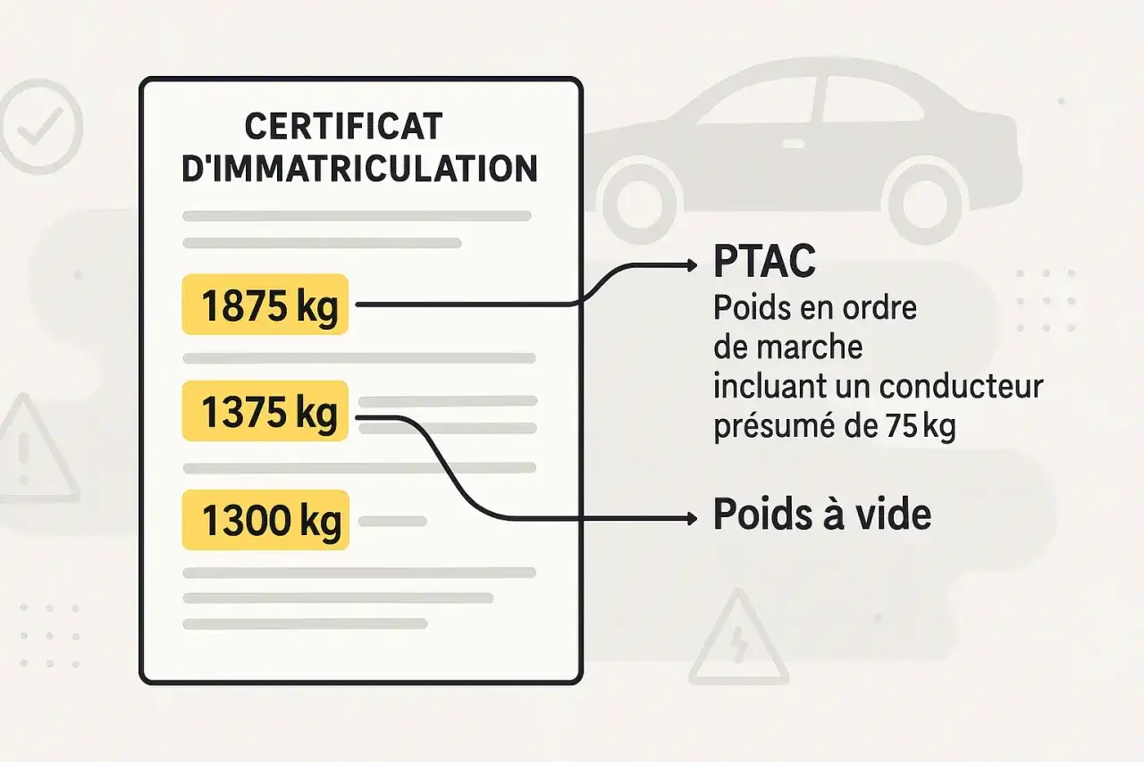 Certificat d'immatriculation montrant le PTAC (1875 kg) et le poids à vide (1300 kg). Ces informations sont utiles pour la taxe poids voiture occasion ou neuve.