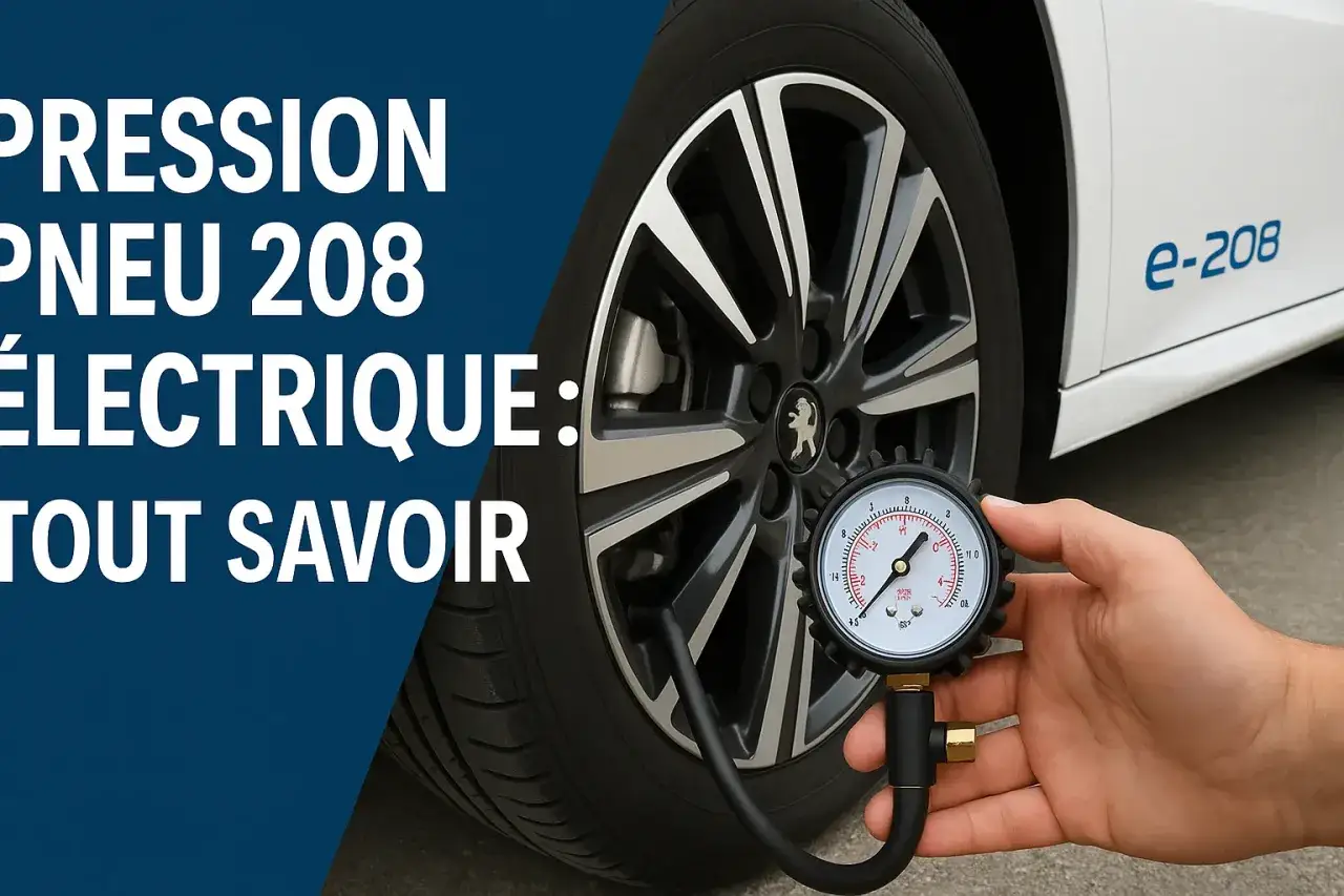 Vérification de la pression pneu 208 électrique. Un manomètre est connecté à la valve.