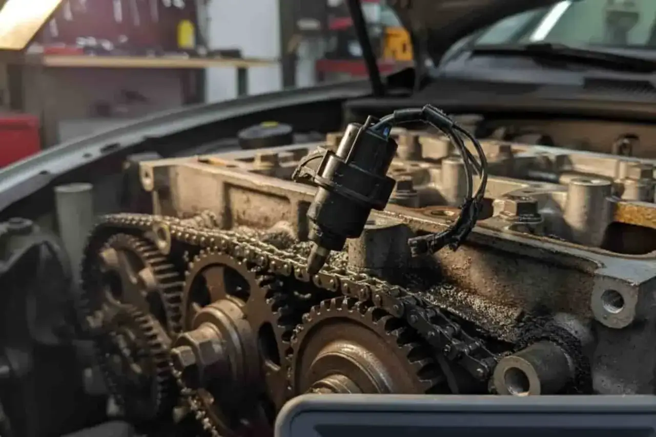 Un capteur r&eacute;gime moteur est visible au-dessus d'une cha&icirc;ne de distribution et d'engrenages dans un moteur de voiture.