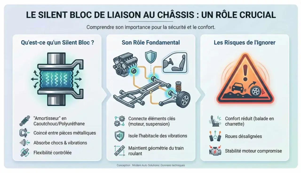 Illustration du silent bloc, de son rôle dans la liaison au châssis et des risques de sa détérioration.