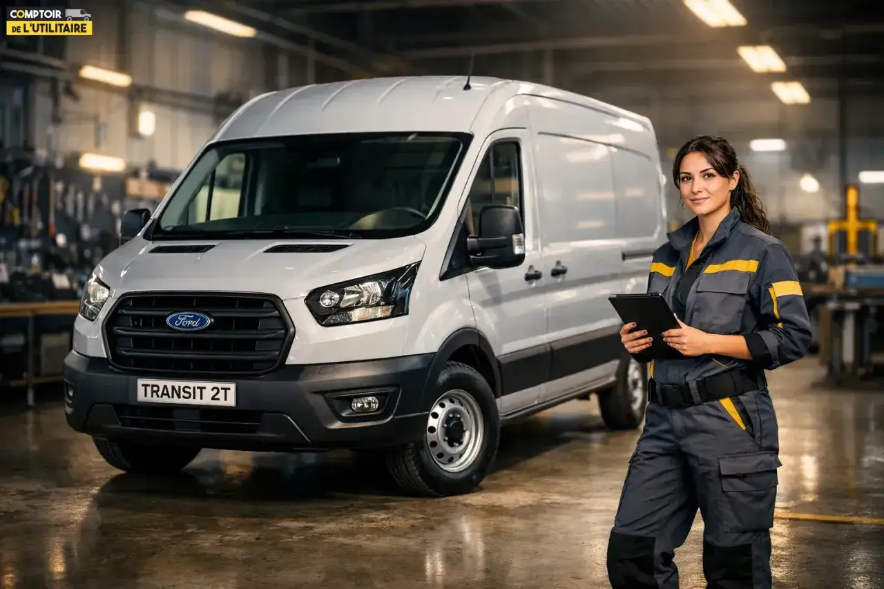 Une femme en uniforme tient une tablette à côté d'un Ford Transit. La hauteur du Ford Transit est idéale pour les livraisons.