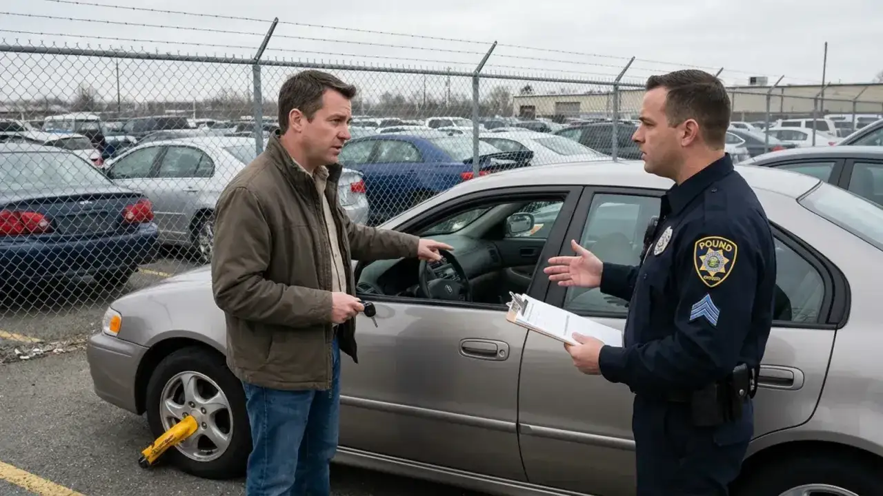Un homme discute avec un policier devant une voiture avec une fourrière sur la roue. Il semble y avoir une demande d'enlèvement de voiture pour amende.