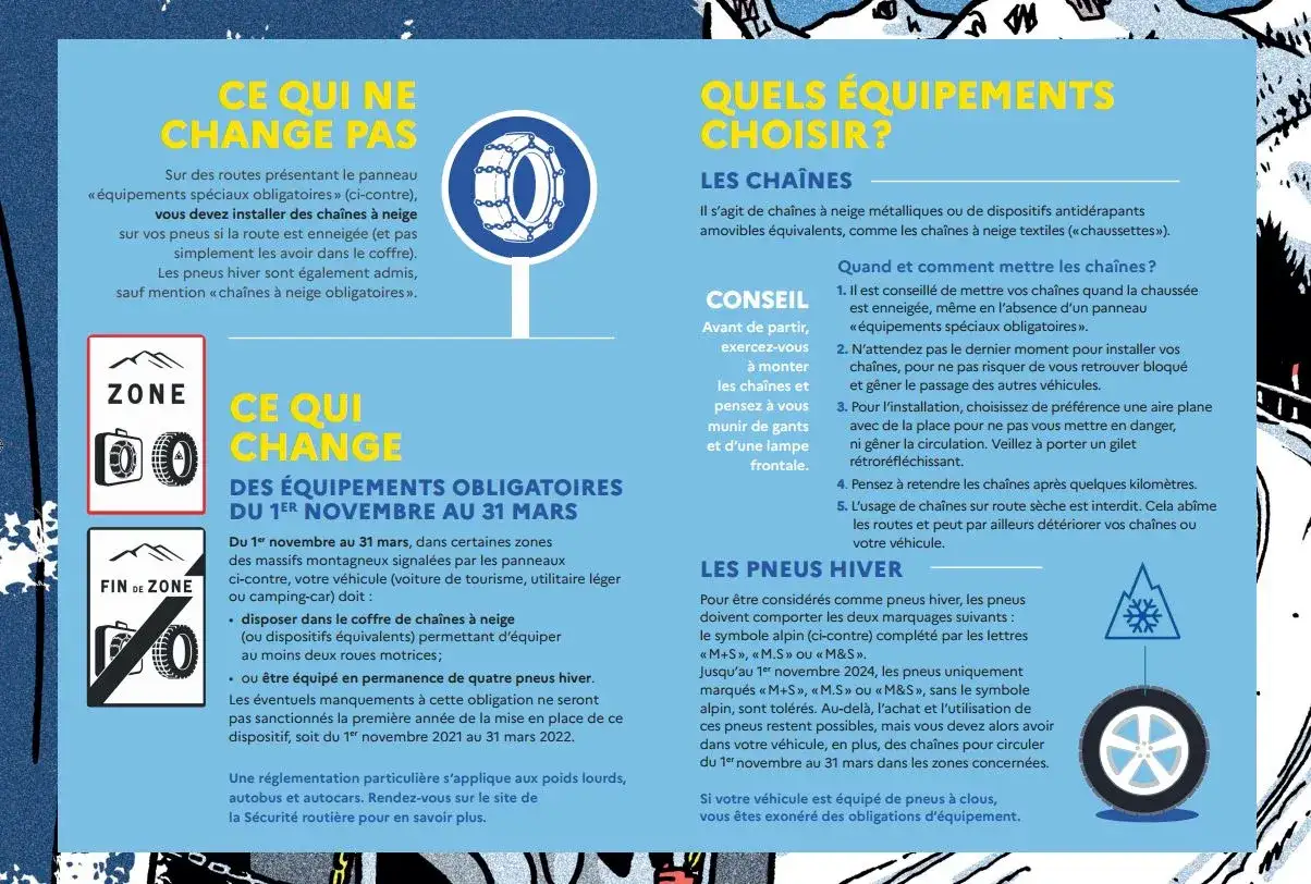 Panneau signalant l'obligation d'équipements spéciaux (chaînes ou pneus hiver) en montagne, en vigueur dès le 1er novembre, conformément à la loi montagne 2026.