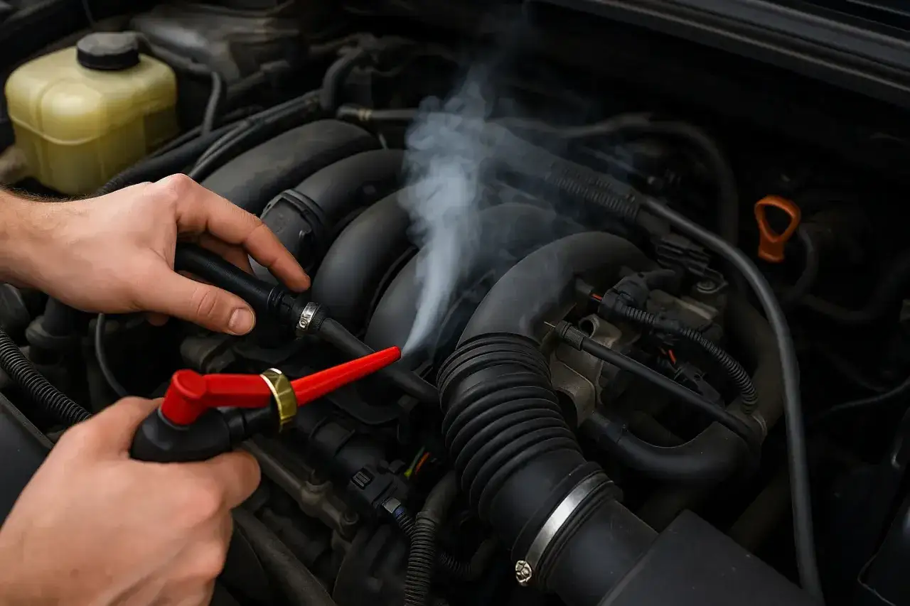 Diagnostic d'une fuite d'essence sur une voiture. De la fumée s'échappe d'un tuyau du moteur pendant une inspection.
