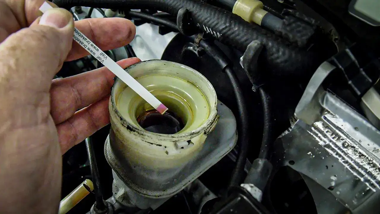 Test de liquide de frein : une bandelette r&eacute;agit, indiquant un sympt&ocirc;me de liquide de frein us&eacute;.