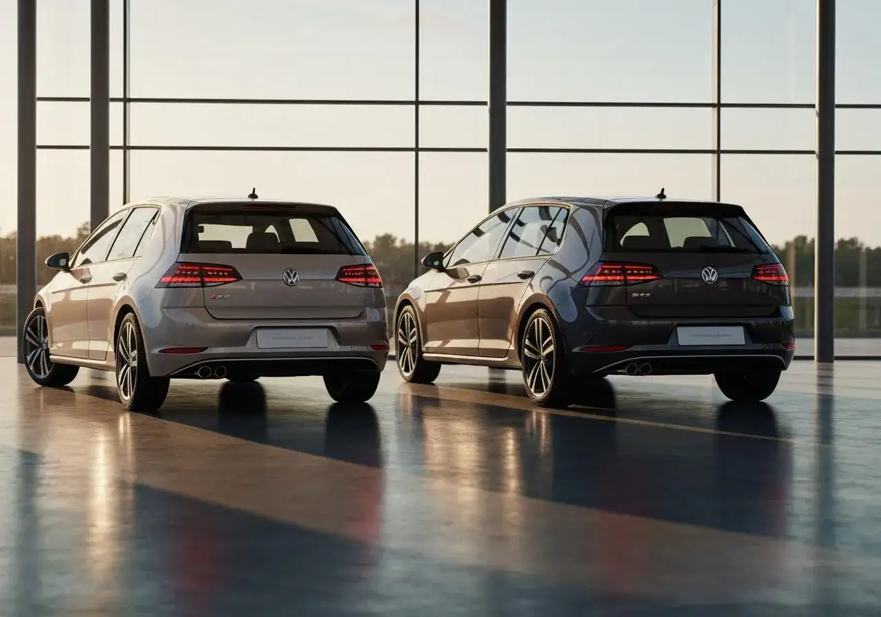 Deux Volkswagen Golf 7, une phase 1 beige et une phase 2 grise, vues de l'arrière, dans un showroom lumineux.