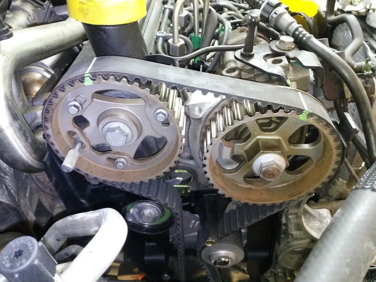 Détail du moteur d'une Clio 3, montrant la courroie de distribution et ses pignons.