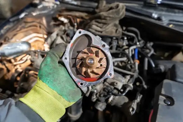 Main d'un mécanicien tenant une pompe à eau de voiture usagée, suggérant la fin de sa durée de vie.