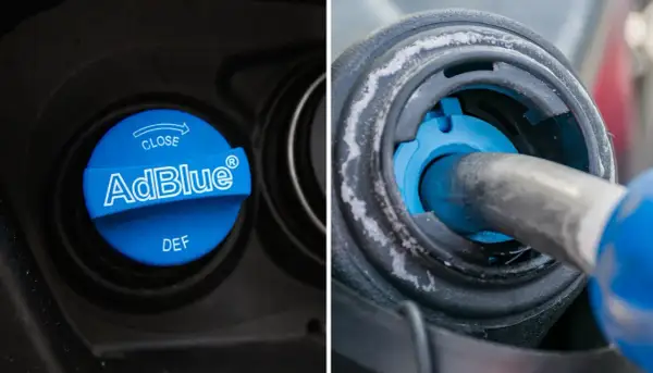 Bouchon AdBlue bleu fermé à gauche, remplissage AdBlue à droite. Le moteur peut être chaud ou froid lors de cette opération.