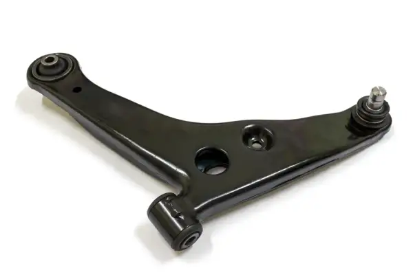 Bras de suspension noir, forme de triangle, avec un cylindre à une extrémité et une rotule à l'autre.