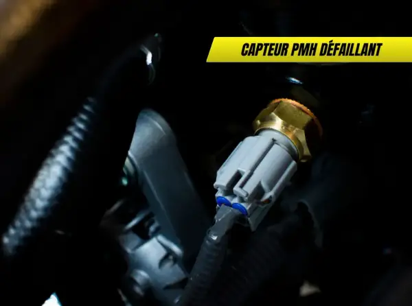 Gros plan sur un capteur PMH défaillant, essentiel au régime moteur. Sa connexion grise est visible.