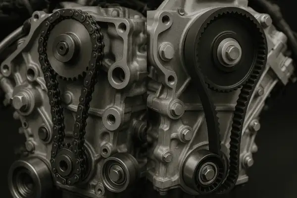 Comparaison d'un moteur de Golf 7 : chaîne de distribution à gauche, courroie de distribution à droite.