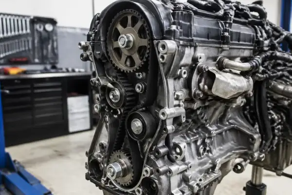 Gros plan sur la courroie de distribution d'un moteur de Peugeot 208, avec des engrenages et des poulies visibles dans un atelier.