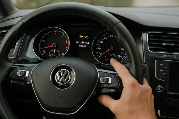 Tableau de bord d'une Golf 7 avec le message "OIL SERVICE RESET". Une main appuie sur un bouton pour la remise à zéro vidange.