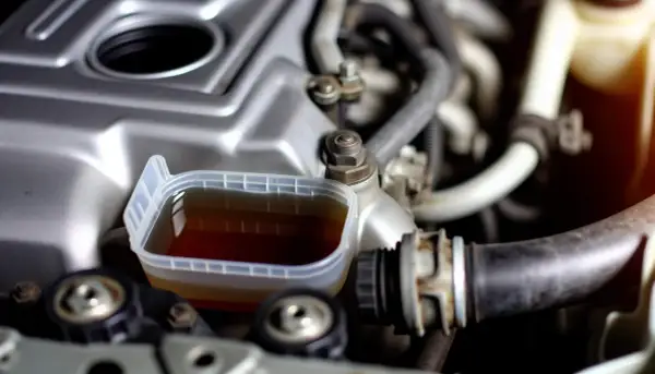 Un réservoir transparent contient du liquide de refroidissement marron, près du moteur d'une voiture.