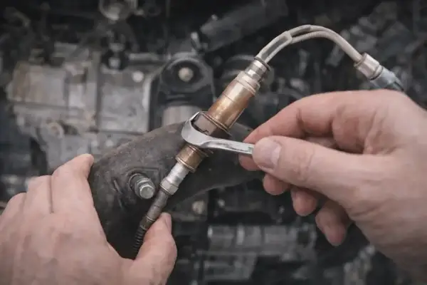 Main d'un mécanicien utilisant une clé pour retirer une sonde lambda rouillée. La reprogrammation de la sonde lambda est une étape cruciale pour optimiser les performances du moteur.