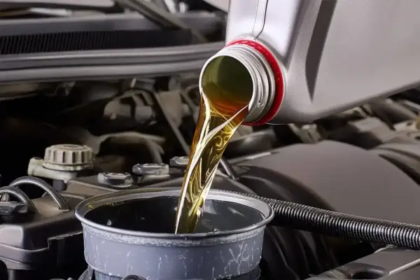 Huile moteur versée dans un entonnoir, étape clé avant la vidange par aspiration. Le moteur de la voiture est visible en arrière-plan.