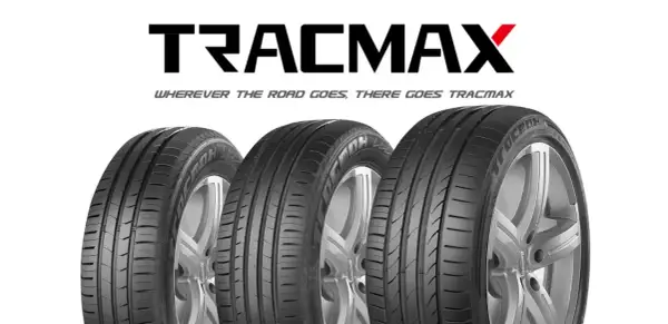 Trois pneus Tracmax sur fond blanc. Le logo Tracmax est visible en haut, avec le slogan "Wherever the road goes, there goes Tracmax".