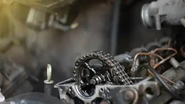 Mécanisme de moteur avec une chaîne de distribution visible, prêt pour un changement de chaîne de distribution.