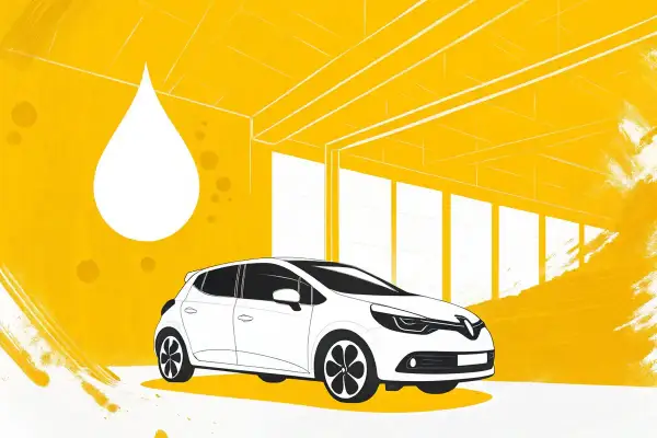 Une Clio 4 blanche est prête pour sa vidange. Une goutte d'huile stylisée flotte à côté, dans un décor jaune vif.
