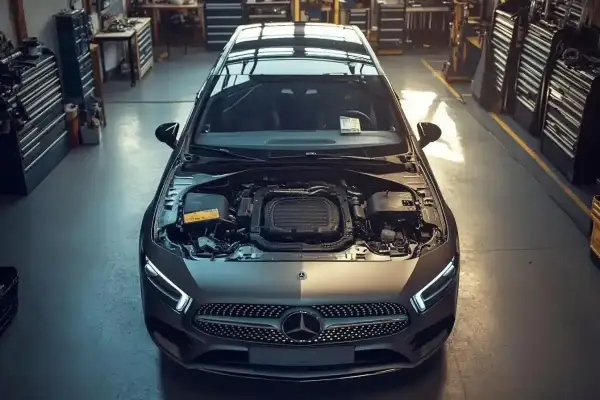 Capot ouvert d'une voiture moderne dans un atelier, symbole du fin des voitures thermiques.