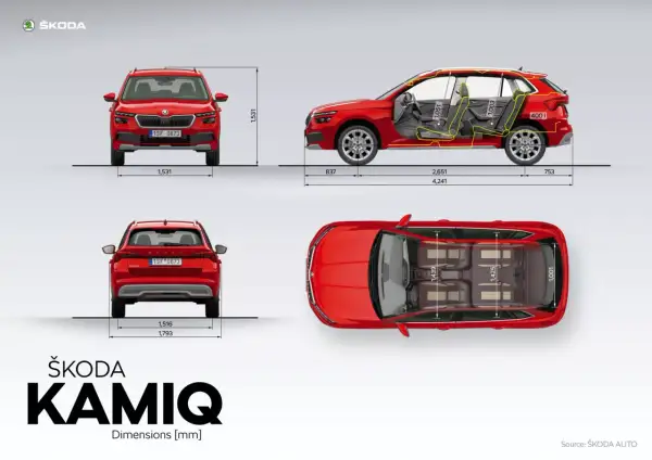 Vue 3D du Skoda Kamiq rouge, montrant ses dimensions extérieures et intérieures. Le véhicule est vu de face, de côté, de dos et de dessus.