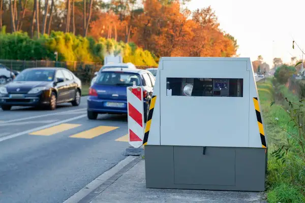 Radar mobile sur le bord de la route, prêt à mesurer la vitesse des véhicules. La marge d'erreur radar mobile est une donnée importante pour les automobilistes.