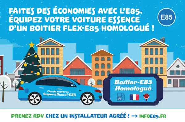 Voiture bleue avec un boîtier E85 homologué, pour faire des économies. Prise de rendez-vous chez un installateur agréé.