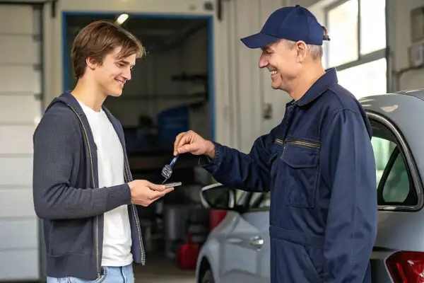 Un mécanicien souriant rend les clés de voiture à un jeune homme après la révision annuelle de sa voiture.