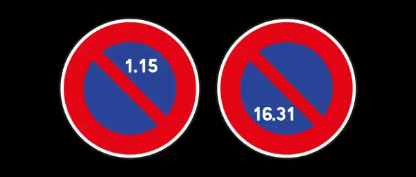 Panneaux de stationnement alterné : interdiction de stationner du 1er au 15 du mois d'un côté, et du 16 à la fin du mois de l'autre.