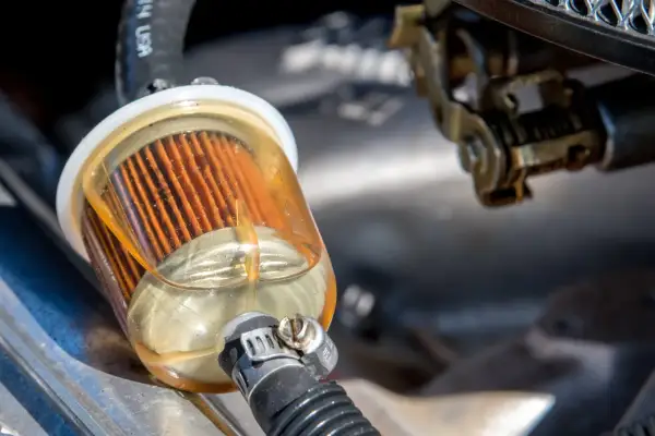 Filtre à gasoil transparent, montrant le carburant filtré. Un bon entretien est essentiel pour le changement filtre à gasoil prix.